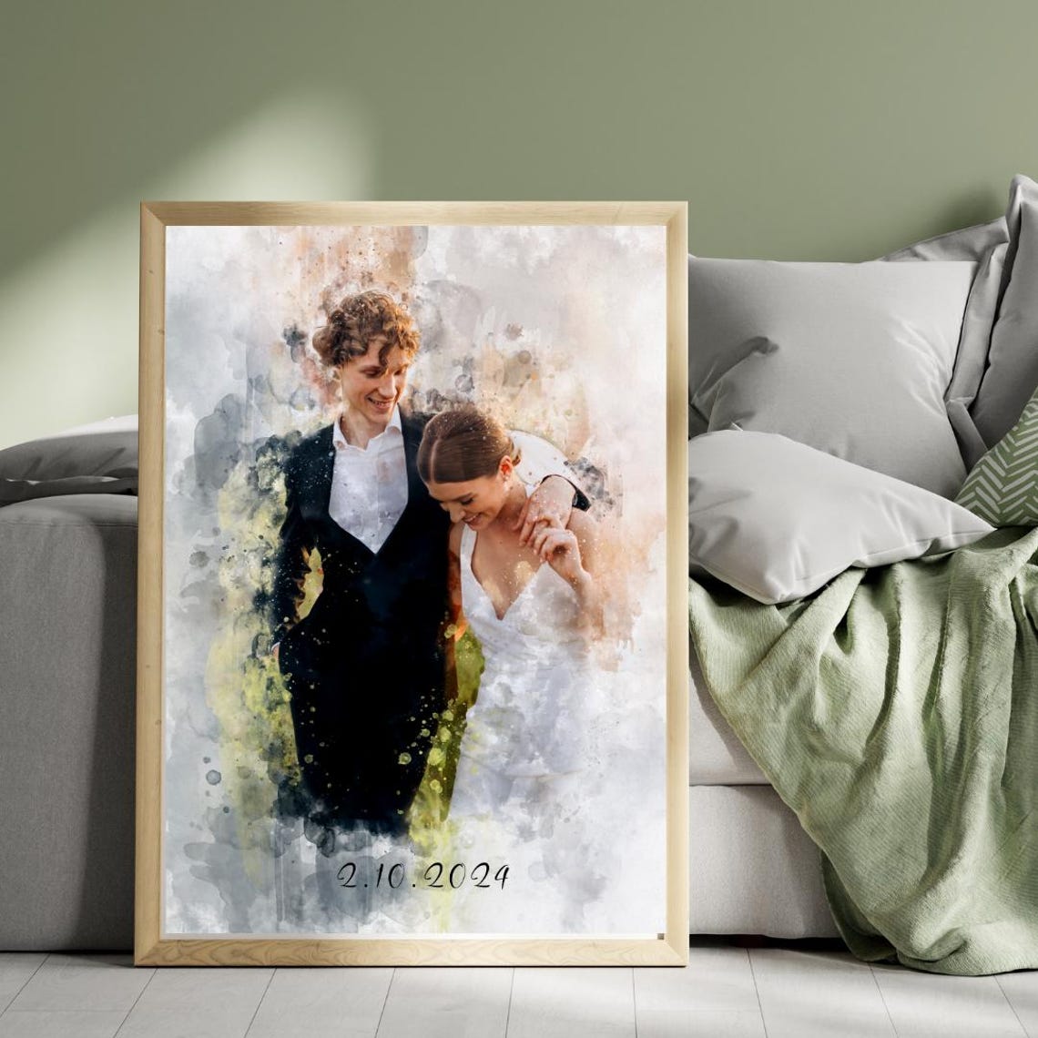 Wedding Date Keepsake Bride and Groom Watercolor Portrait Poster