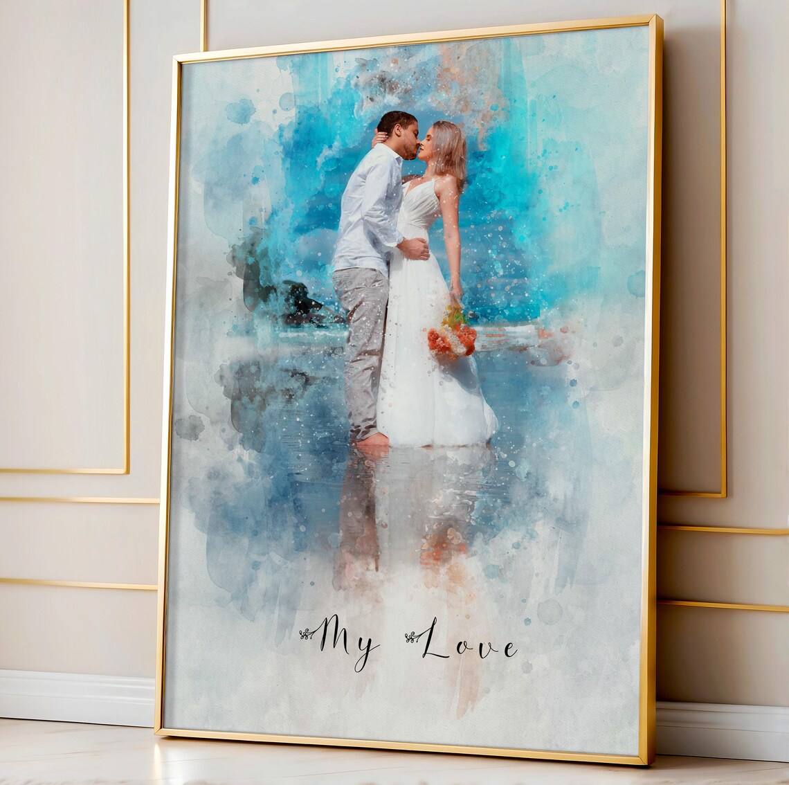 My Love Beach Kiss Bride and Groom Watercolor Wedding Poster