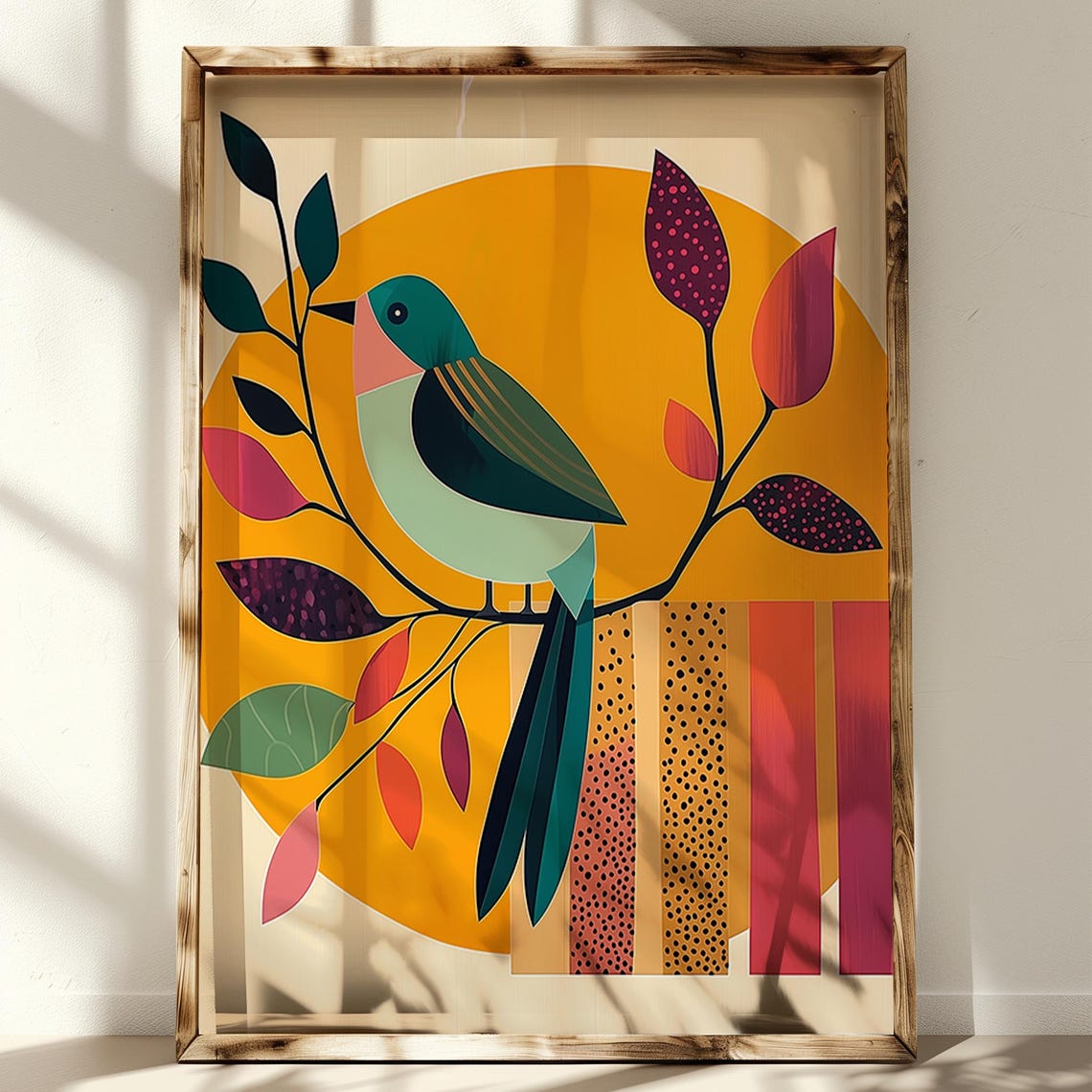 Geometric Bird Branch Orange Sun Mid Century Modern Boho Art Poster - Image 3