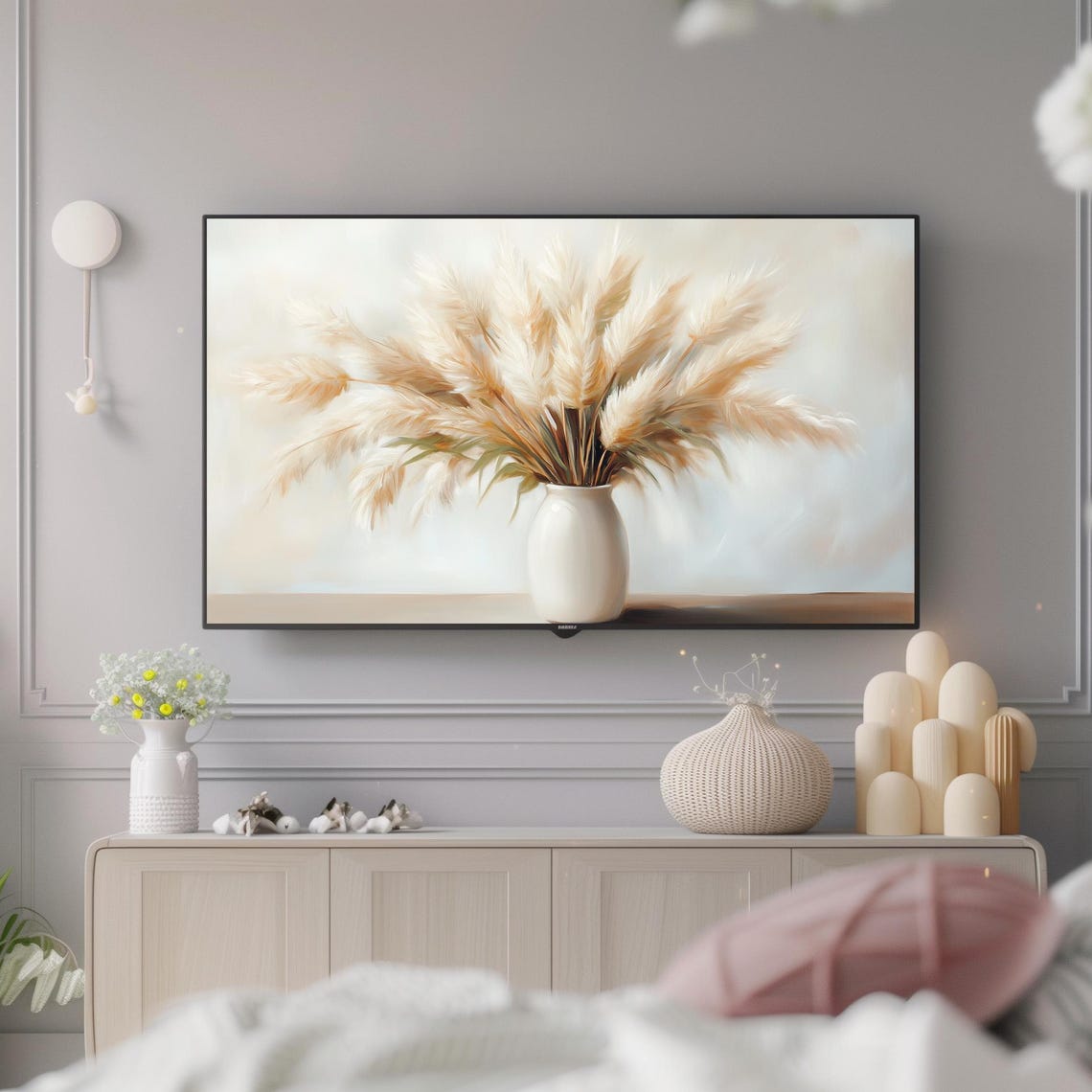 Neutral Pampas Grass Bouquet White Vase Boho 4K Frame TV Art Print - Image 4