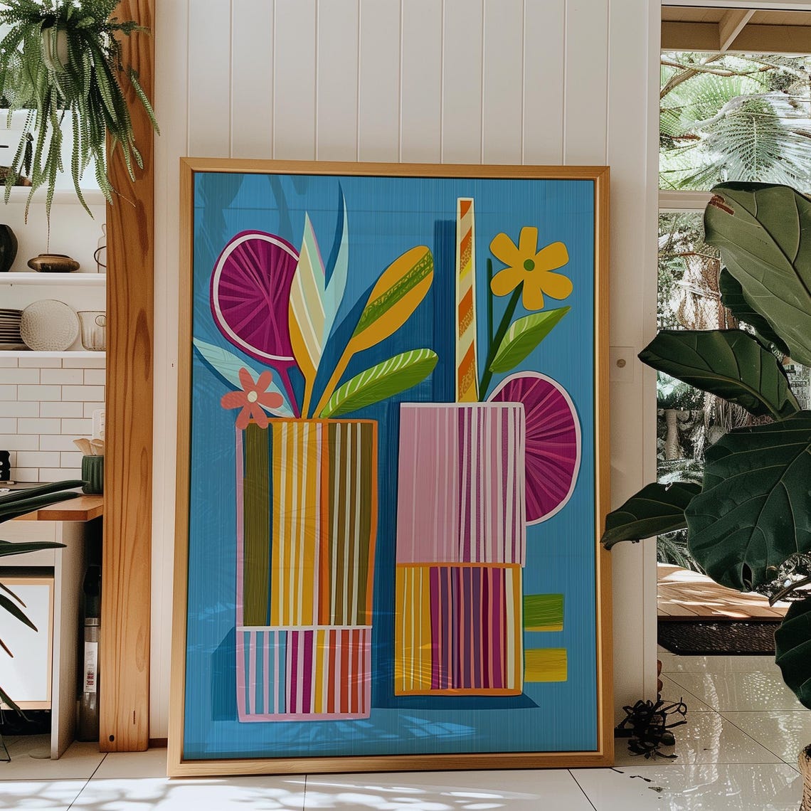 Modern Cocktail Poster Colorful Striped Drinks on Bold Blue Ground - Image 2