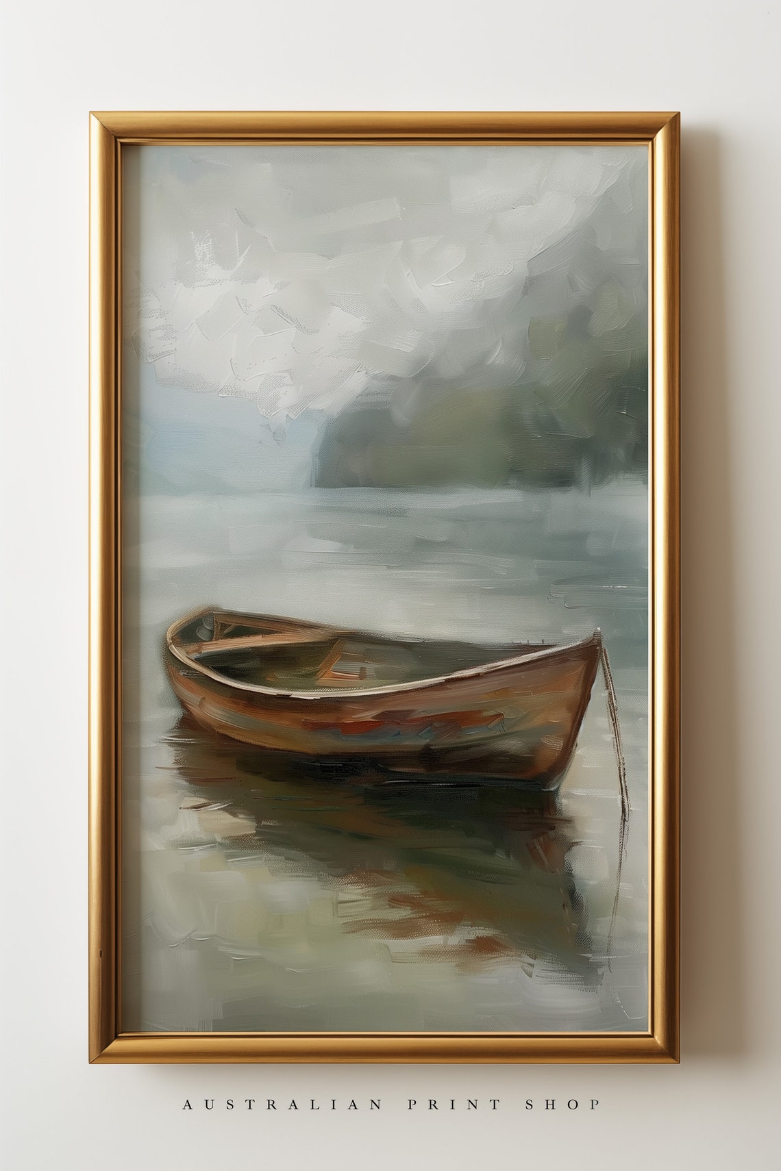 Vintage Lake Landscape Painting Serene Boat Hills Country Scene Home Decor Rustic Art - Image 3