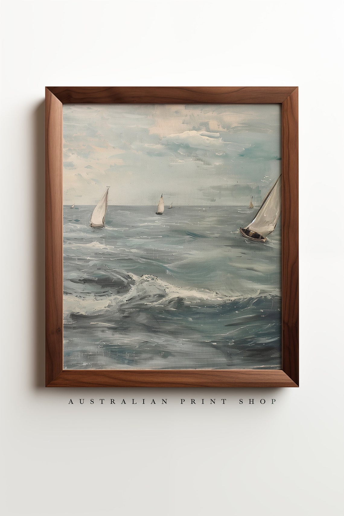 Vintage Ocean Oil Painting Muted Nautical Seascape Print Neutral Sailboat Ocean Art - Image 2