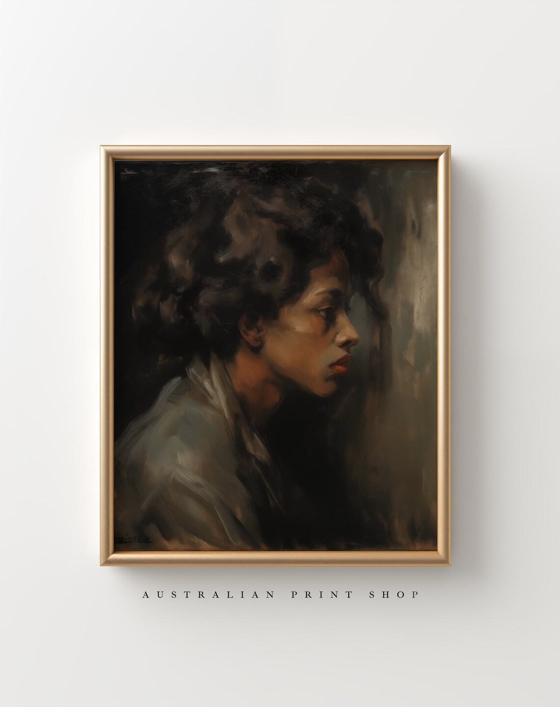 Moody Oil Portrait Of A Woman In Profile Emerging From Shadow Poster - Image 3