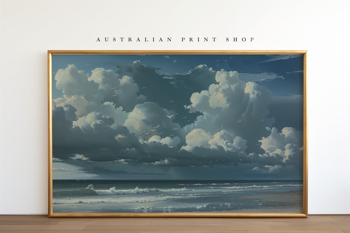 Cloudy Shoreline Tranquil Coastal Oil Painting Neutral Seascape Print Deep Blue Ocean Art Nautical Print - Image 3
