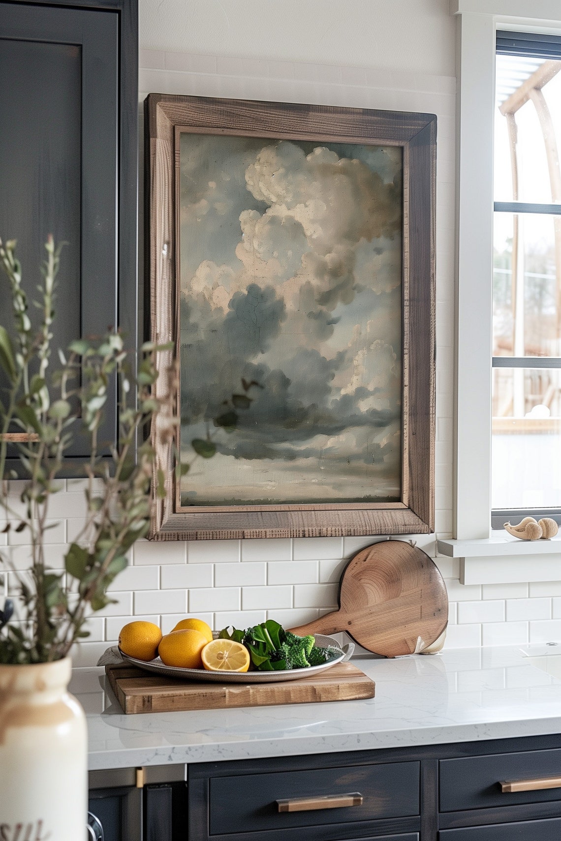 Antique Cloudy Sky Painting Muted Landscape Oil Oil Painting Living Room Decor Farmhouse Wall Art Gift For Him Or Her Neutral Print - Image 3