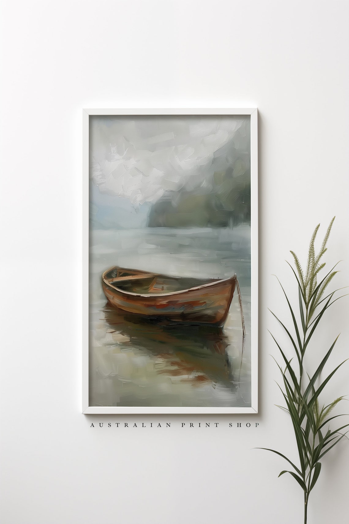 Vintage Lake Landscape Painting Serene Boat Hills Country Scene Home Decor Rustic Art - Image 4