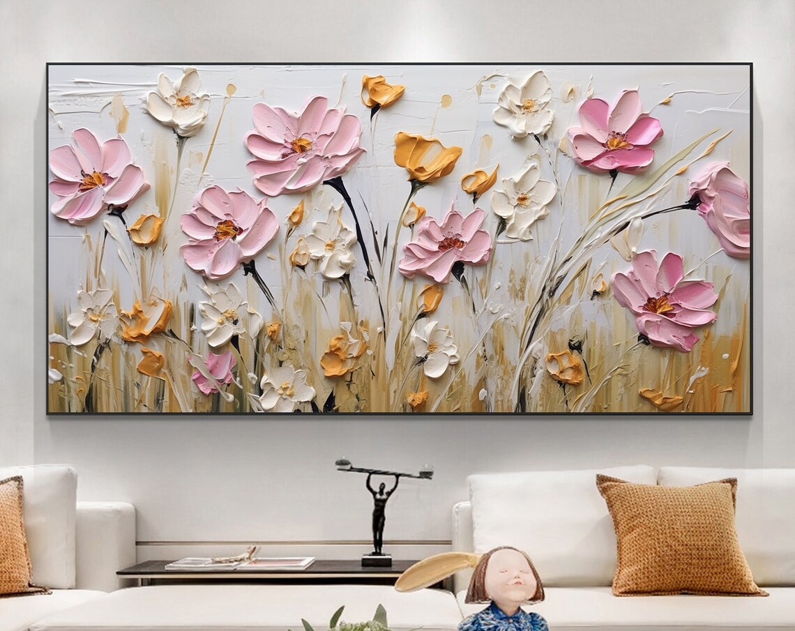 Pink White Blooming Flowers Golden Foliage Impasto Field Poster
