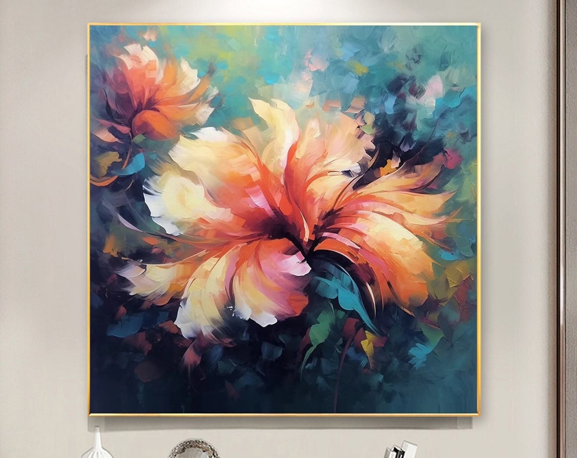 Orange Blossom Abstract Floral on Dark Teal Oil Painting Poster