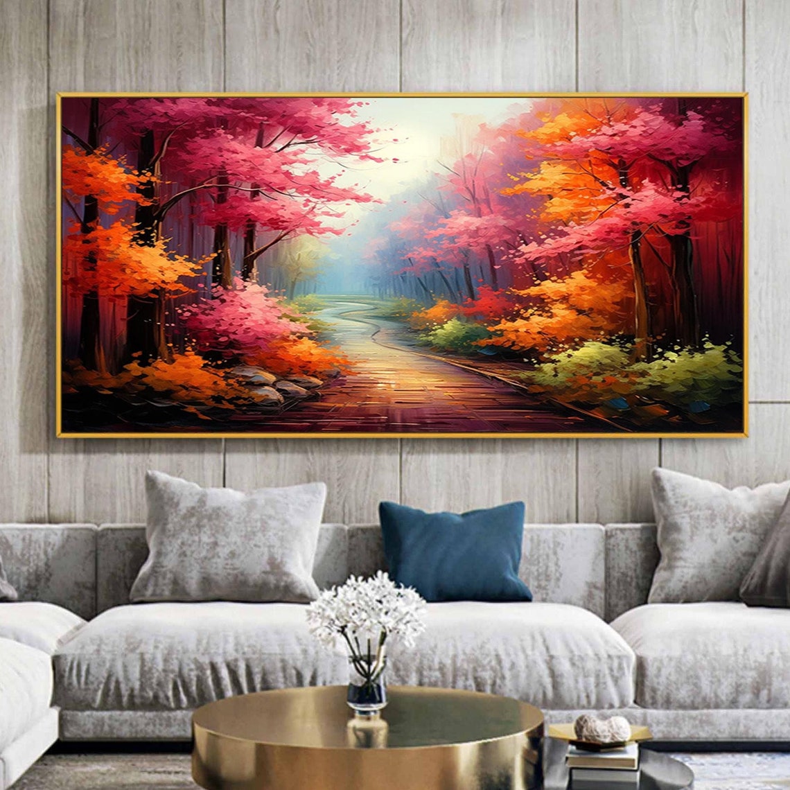 Winding Autumn Forest Road Pink Orange Trees Landscape Poster - Image 5