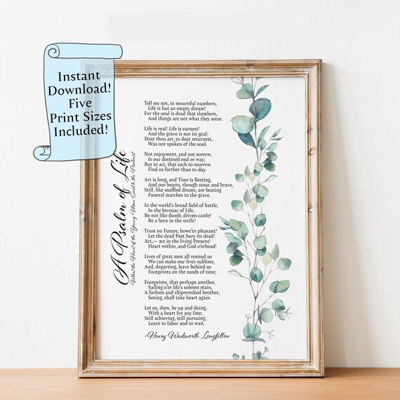 A Psalm Of Life Print Henry Wadsworth Longfellow Poetry Wall Art Inspirational Quote Instant