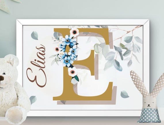 Personalized Nursery Decor Poster Wall Art For Kids Letter Flower Wreath