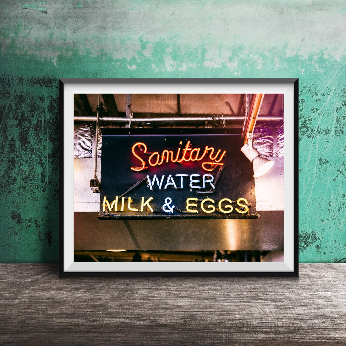 Sanitary Water Milk and Eggs Vintage Neon Market Sign Poster