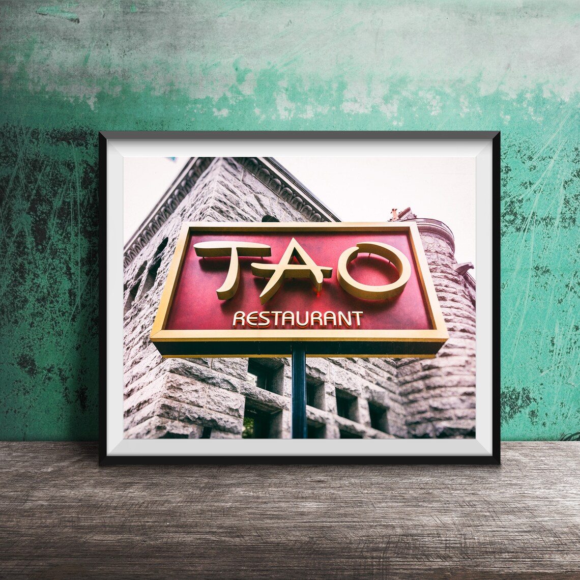 Tao Restaurant Red Gold Hanging Sign Stone Building Photography Poster