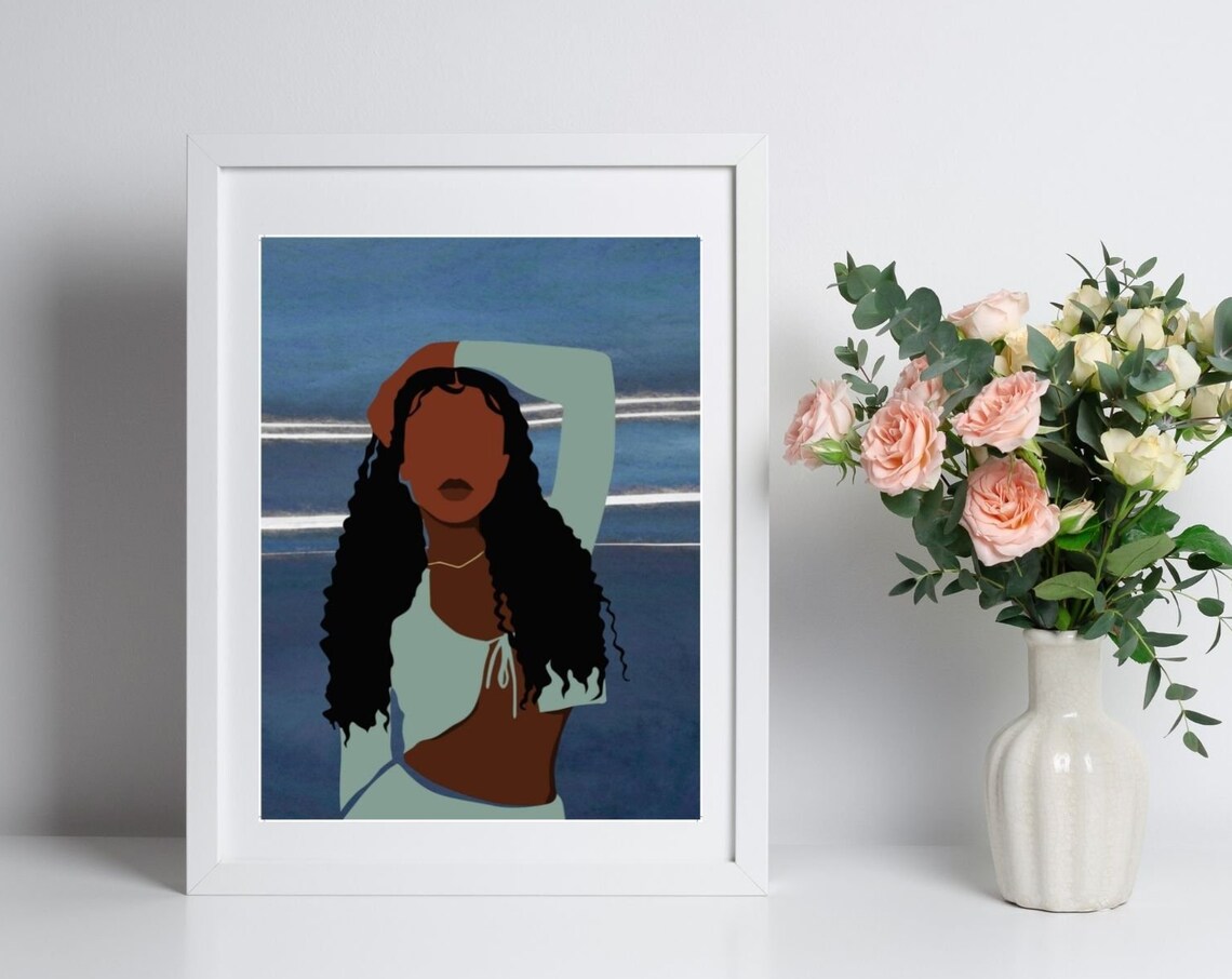 Curly Hair Woman Teal Top Blue Background Faceless Art Poster