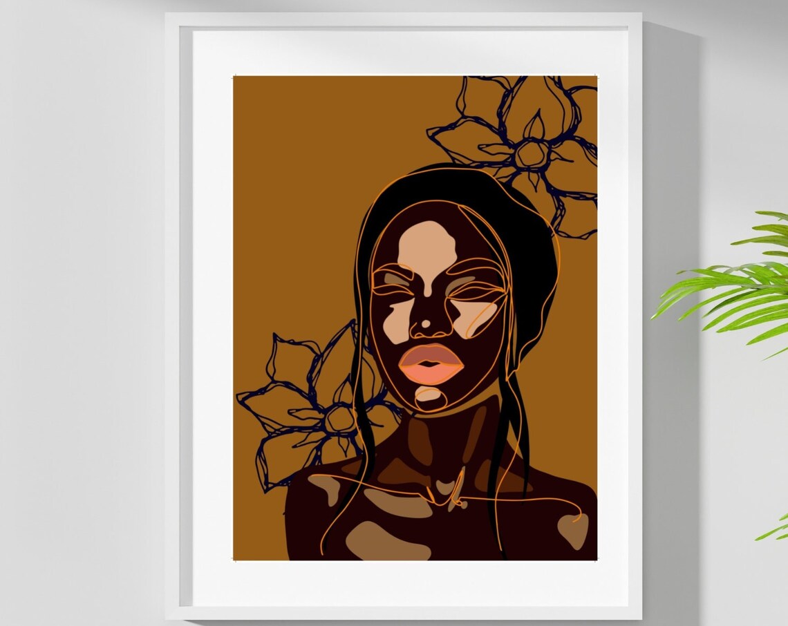 Golden Woman Portrait Navy Line Flowers Orange Accent Art Poster