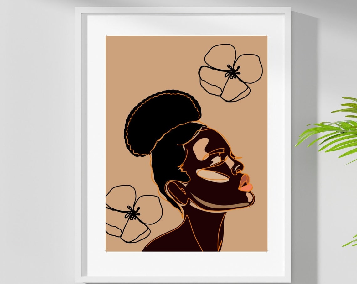 Woman Profile Looking Up Tan Floral Outline Modern Art Poster