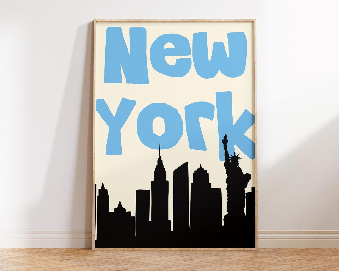 New York Blue Bubble Letters Black Skyline Statue of Liberty Poster