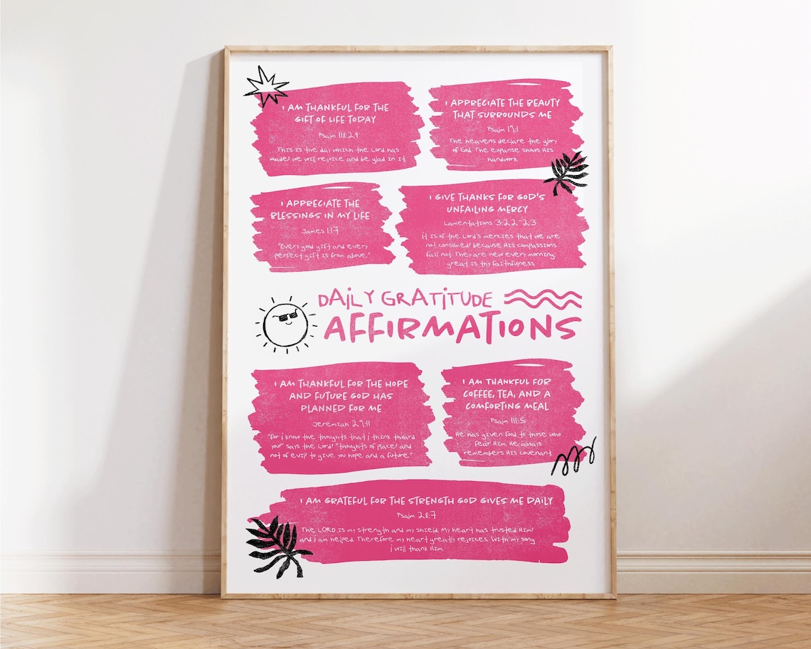 Daily Gratitude Affirmations Pink Christian Bible Verse Poster