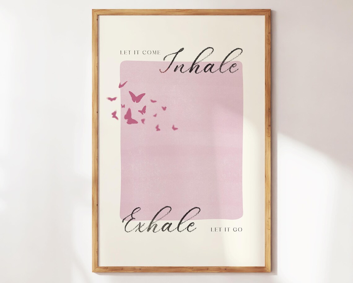 Inhale Exhale Mindfulness Quote Pink Butterfly Yoga Studio Wall Poster