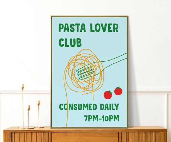 Pasta Lover Club Retro Spaghetti Fork Kitchen Poster Italian Food