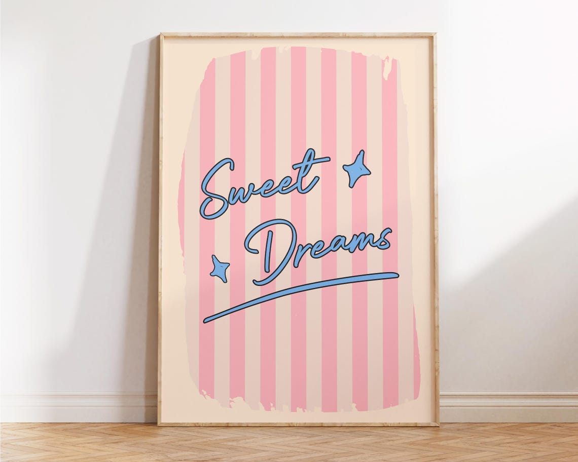 Sweet Dreams Retro Pink Striped Y2K Quote Typography Art Poster