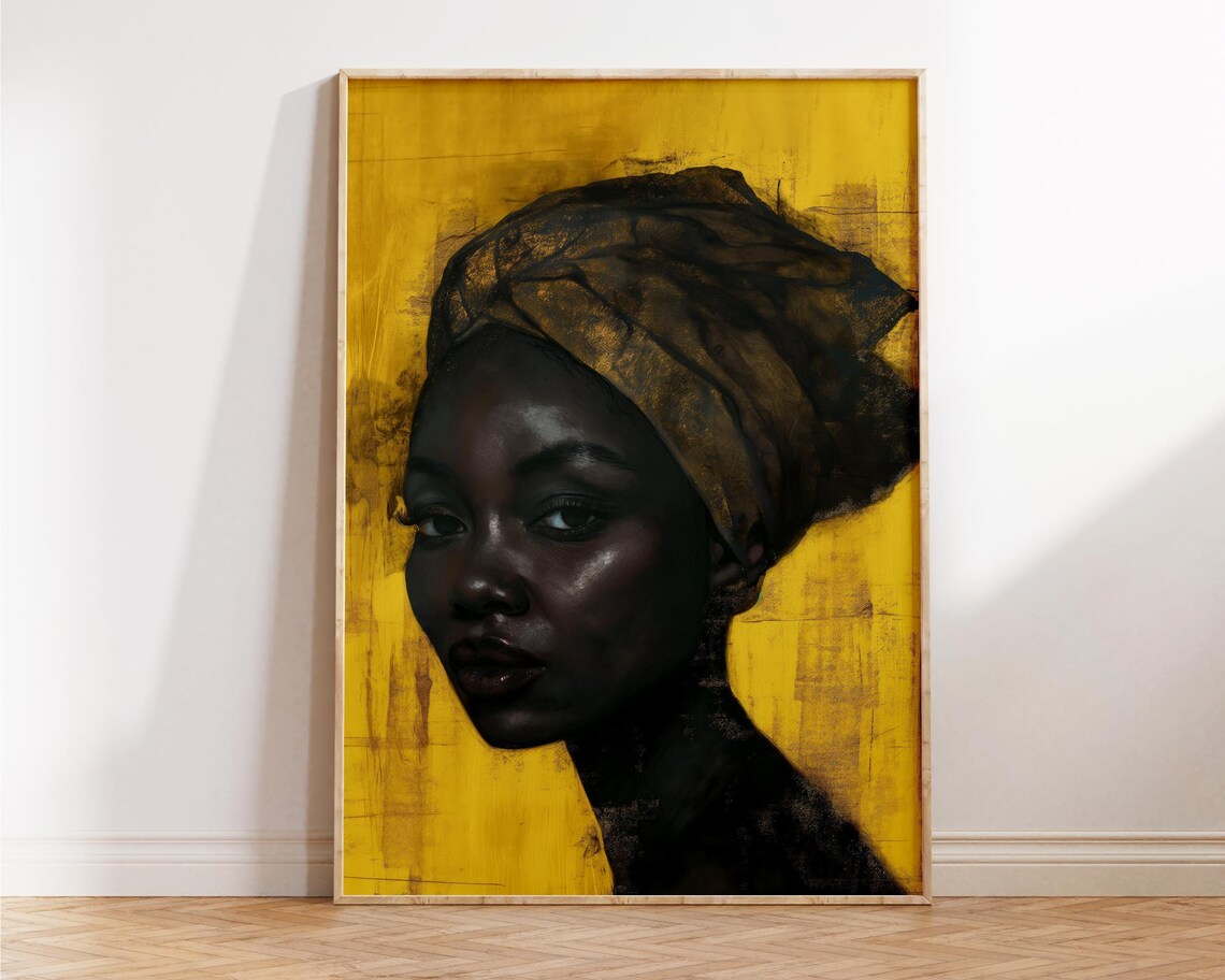 Golden African Woman Portrait with Headwrap Modern Painting Poster