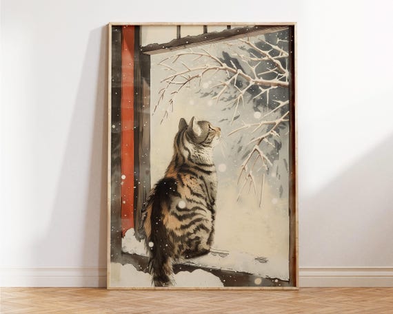 Cat On Snowy Window Print Retro Vintage Japanese Woodblock Wall Art Painting Wabi Sabi Prints Japandi Birthday Gifts