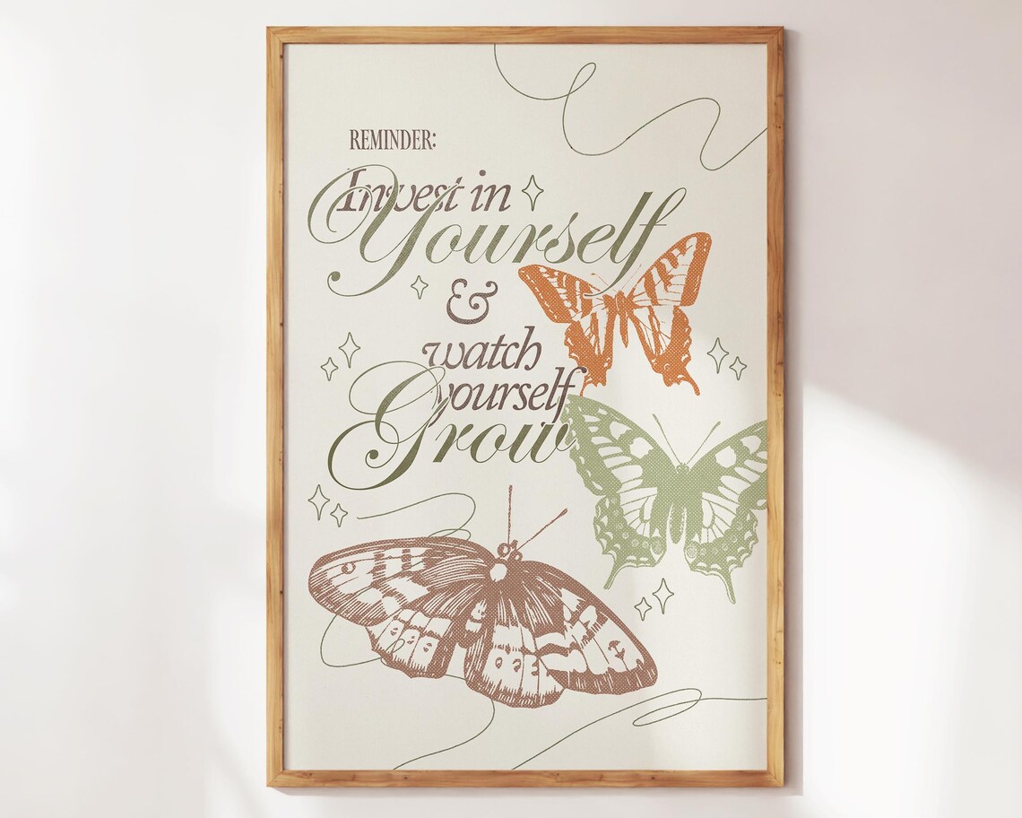 Invest In Yourself Butterfly Motivational Quote Floral Art Poster