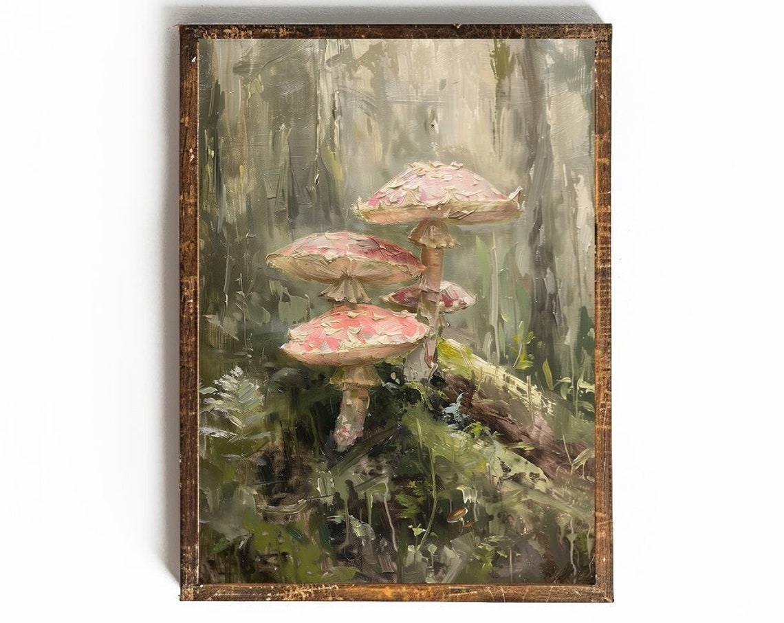 Pink Fly Agaric Mushrooms Growing in a Mossy Forest Painting Poster