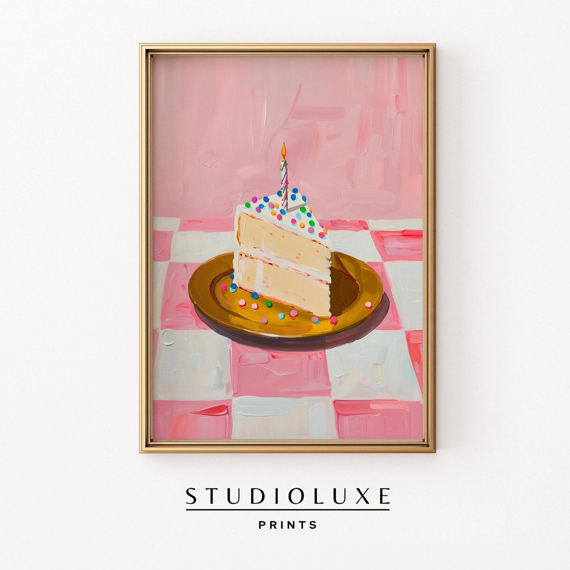 Birthday Cake Slice with Candle on Pink Checkered Table Poster
