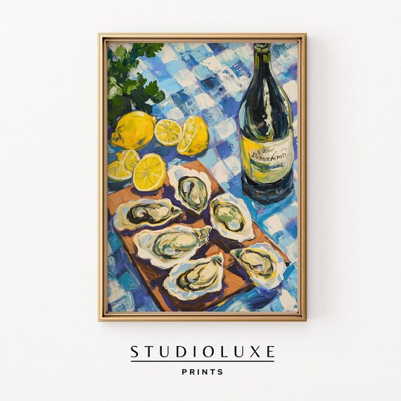 Oysters with Lemon and White Wine Bottle Coastal Kitchen Poster