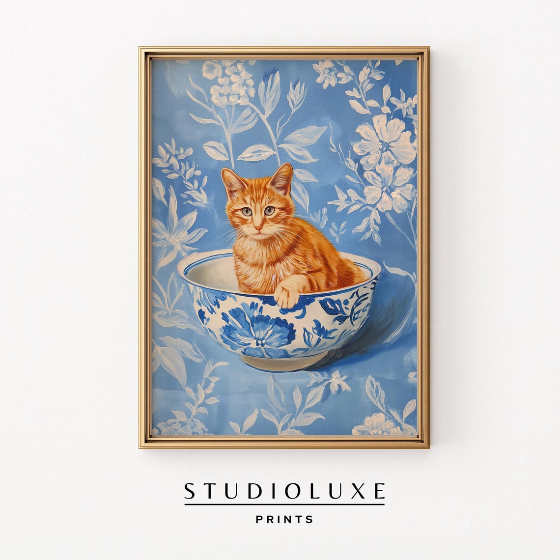 Orange Tabby Cat Sitting In Chinoiserie Bowl Blue Floral Decor Poster