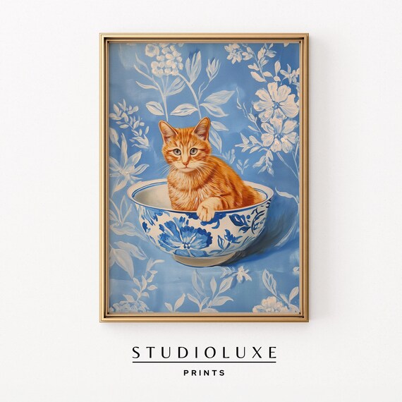 Orange Tabby Cat Sitting In Chinoiserie Bowl Blue Floral Decor Poster