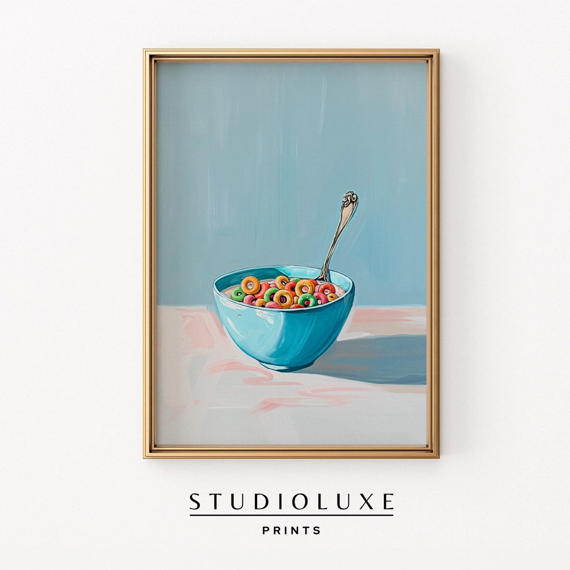 Rainbow Fruit Cereal Bowl On Bright Turquoise Kitchen Poster