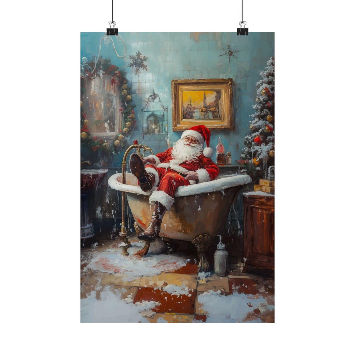 Santa Relaxing Clawfoot Bathtub Victorian Bathroom Funny Poster - Image 2