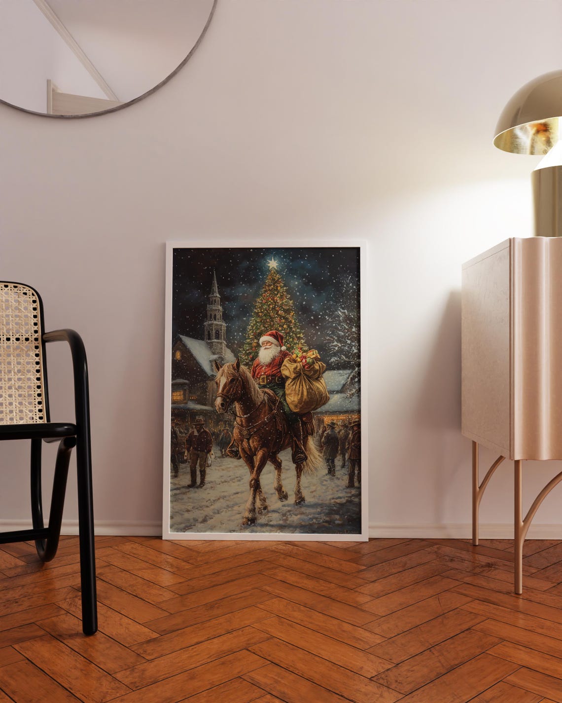 Western Santa Riding Horse Snowy Town Christmas Tree Retro Poster - Image 3