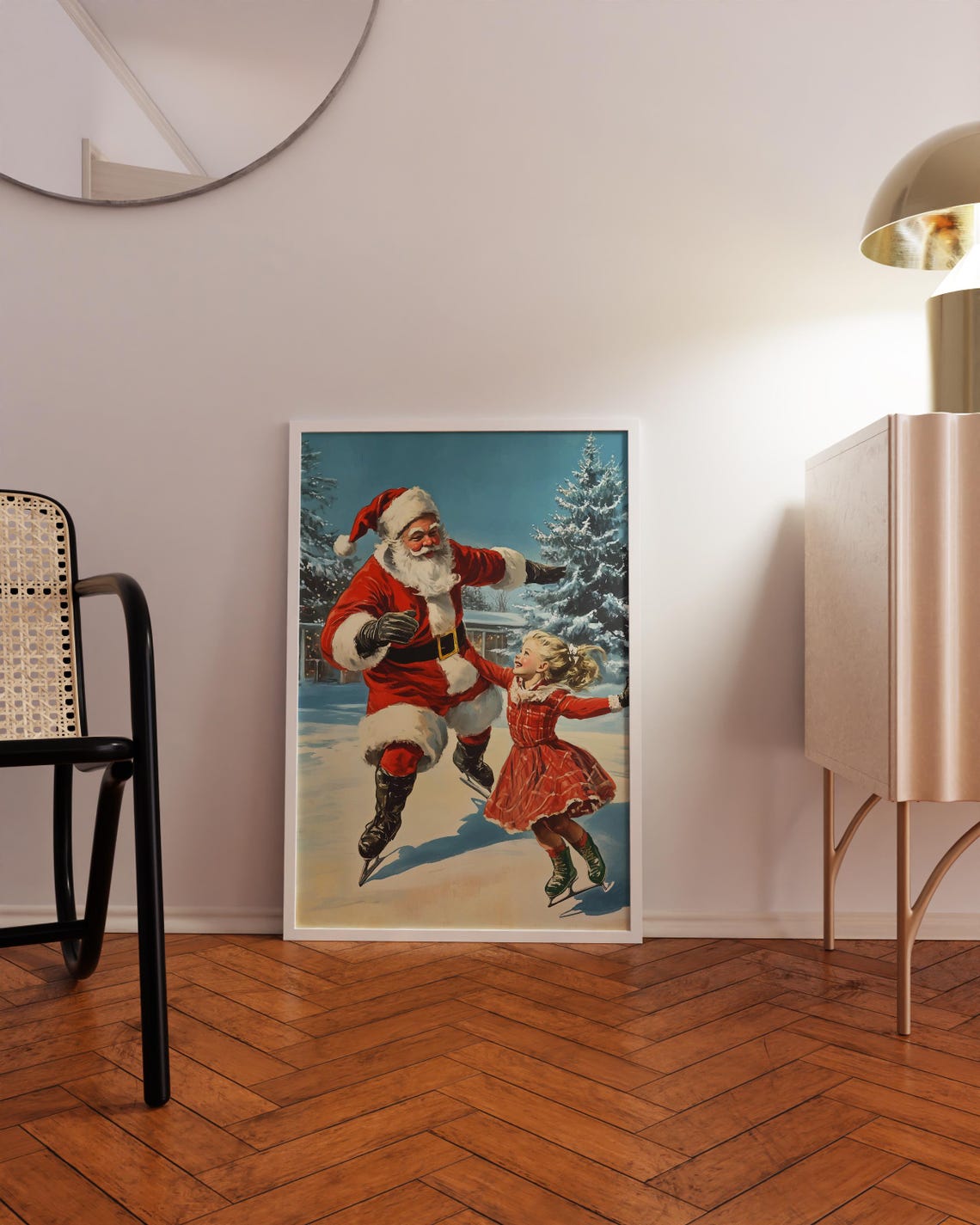 Santa Claus And A Little Girl Ice Skating Art Vintage Painting Retro Christmas Poster Winter Wall Art Light Academia Decor Holiday Print - Image 3