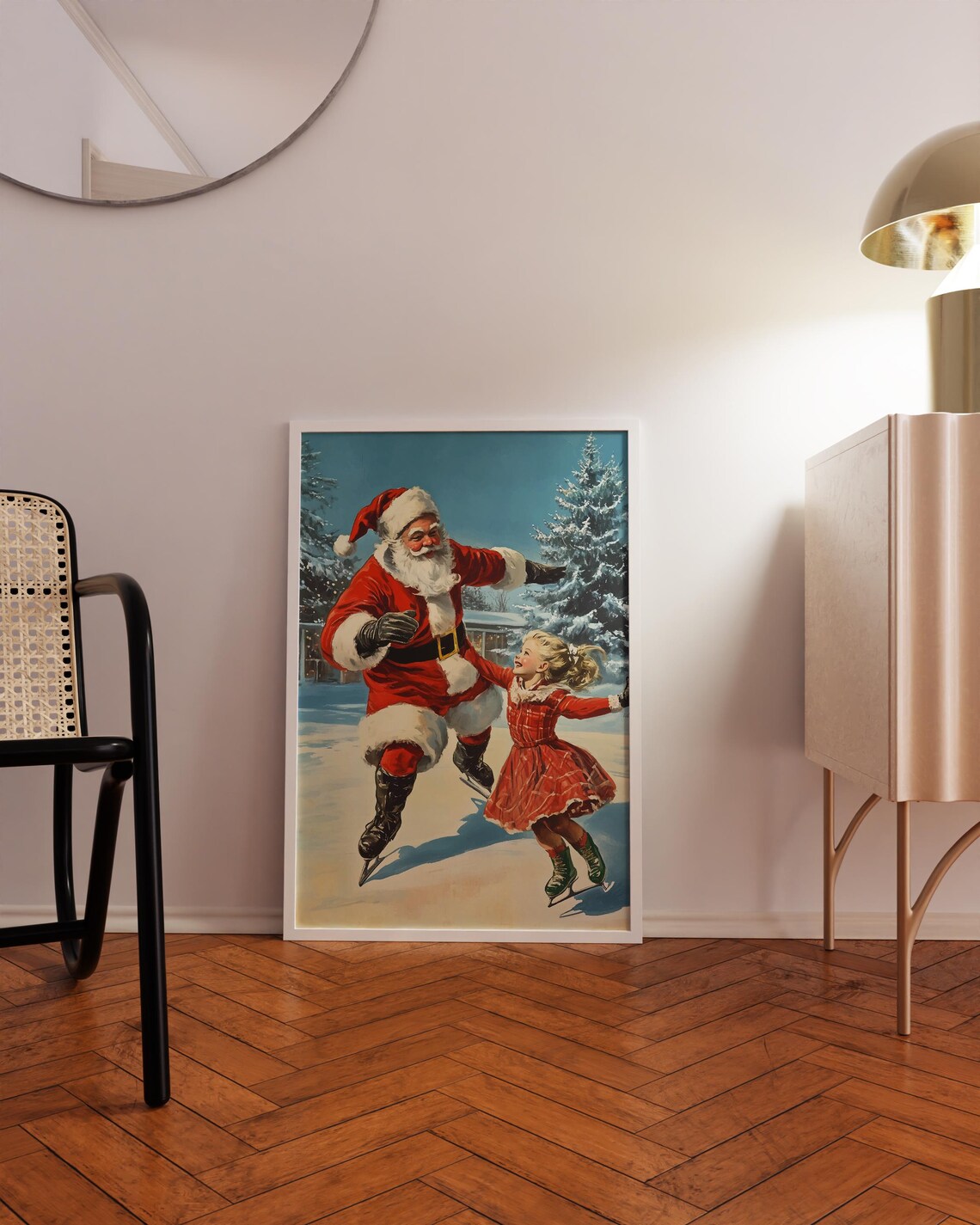 Santa Claus Ice Skating Little Girl Red Dress Vintage Art Poster - Image 3