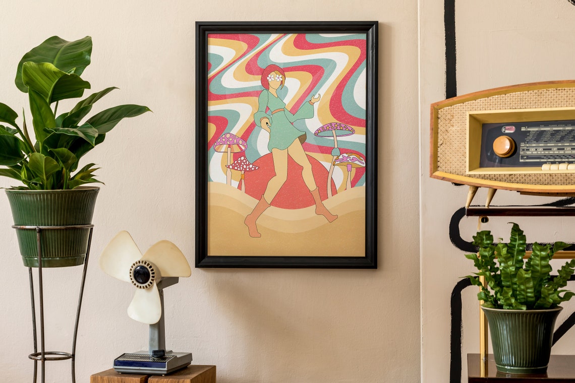70s Psychedelic Print Retro Aesthetic Poster Flower Child Poster Mushroom Poster Hippie Girl Art 70s Wall Art Mushroom Woman Colorful - Image 2