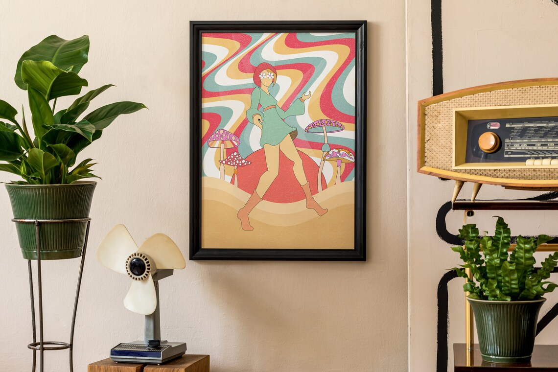 Psychedelic Flower Child Dancing Mushroom Garden Groovy Girl Wall Art - Image 2