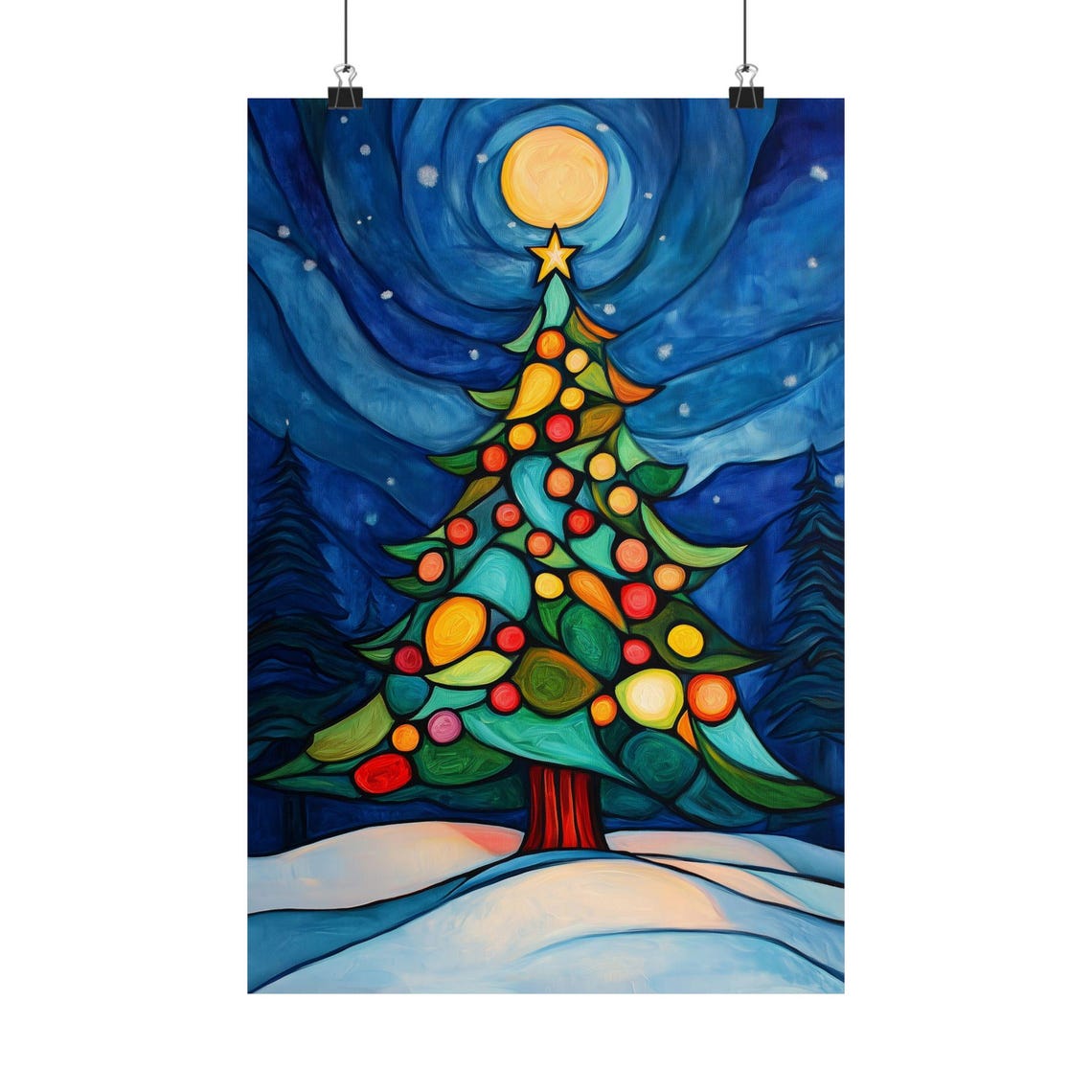 Whimsical Hand Painted Christmas Tree Starry Night Sky Poster - Image 2