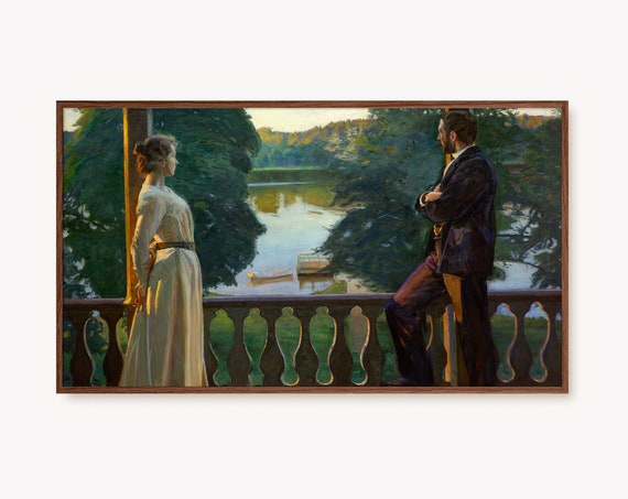 Frame Tv Art Summer Evening Couple Lake Oil Painting Vintage Lakehouse Artwork Rustic River Prints Antique Decor