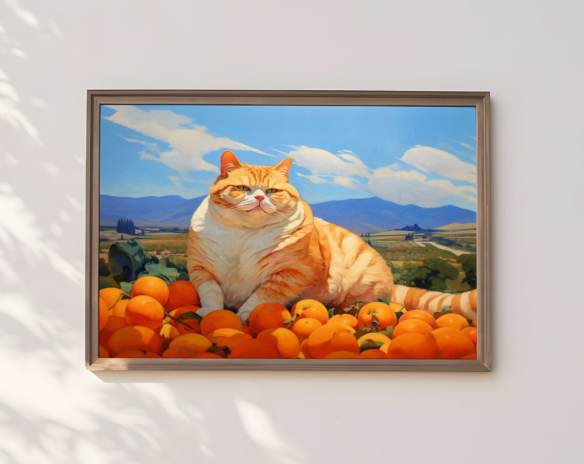 Chubby Ginger Cat Among Oranges Mountain Landscape Funny Wall Art