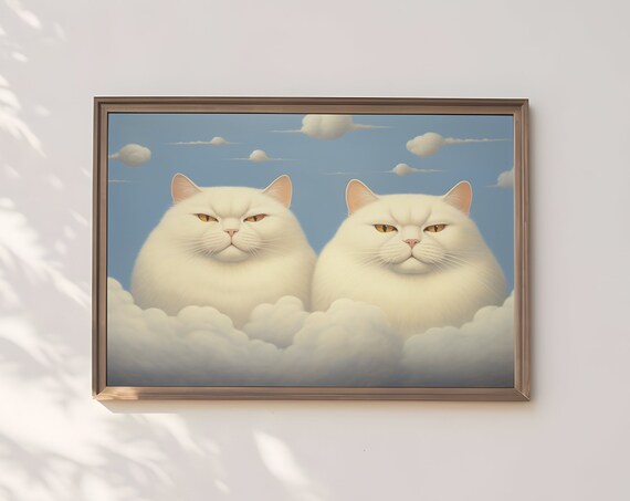 Whimsical Cat On Clouds Print Dreamy Feline Artwork Celestial Kitty Painting Wall Art For Home Decor