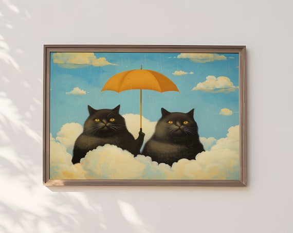 Two Black Cats On Clouds Under Orange Umbrella Rainy Sky Print