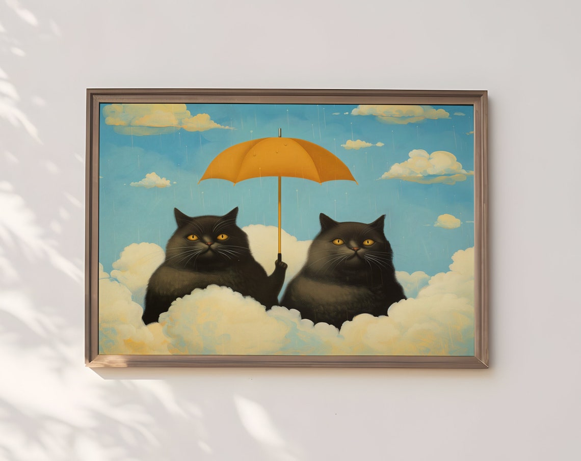 Two Black Cats On Clouds Under Orange Umbrella Rainy Sky Print