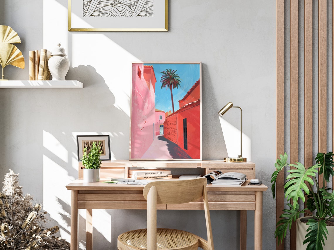 Pink Mediterranean Street Poster with Palm Trees and Blue Sky - Image 2