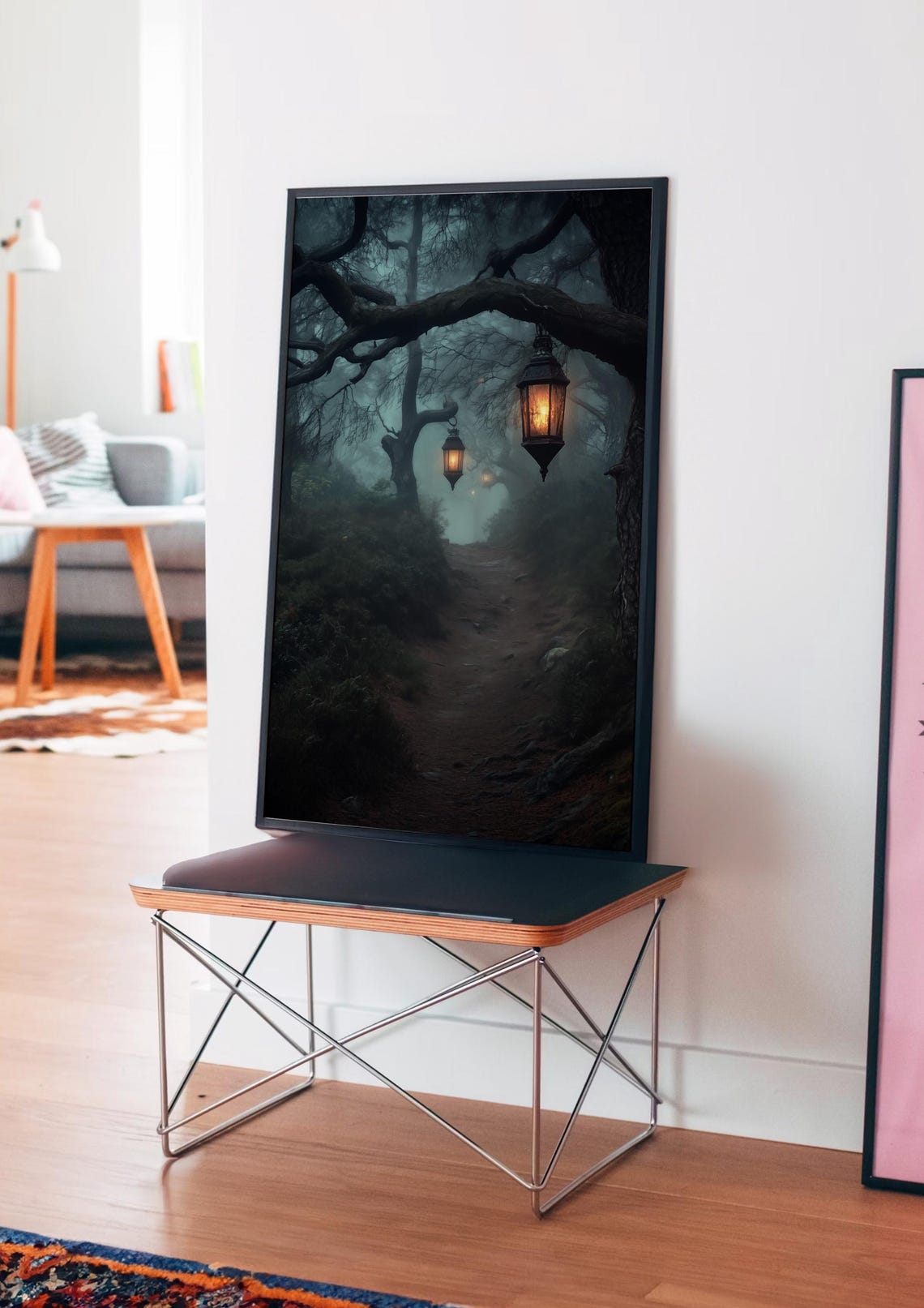 Foggy Dark Forest Path with Glowing Lanterns Night Scene Poster - Image 4