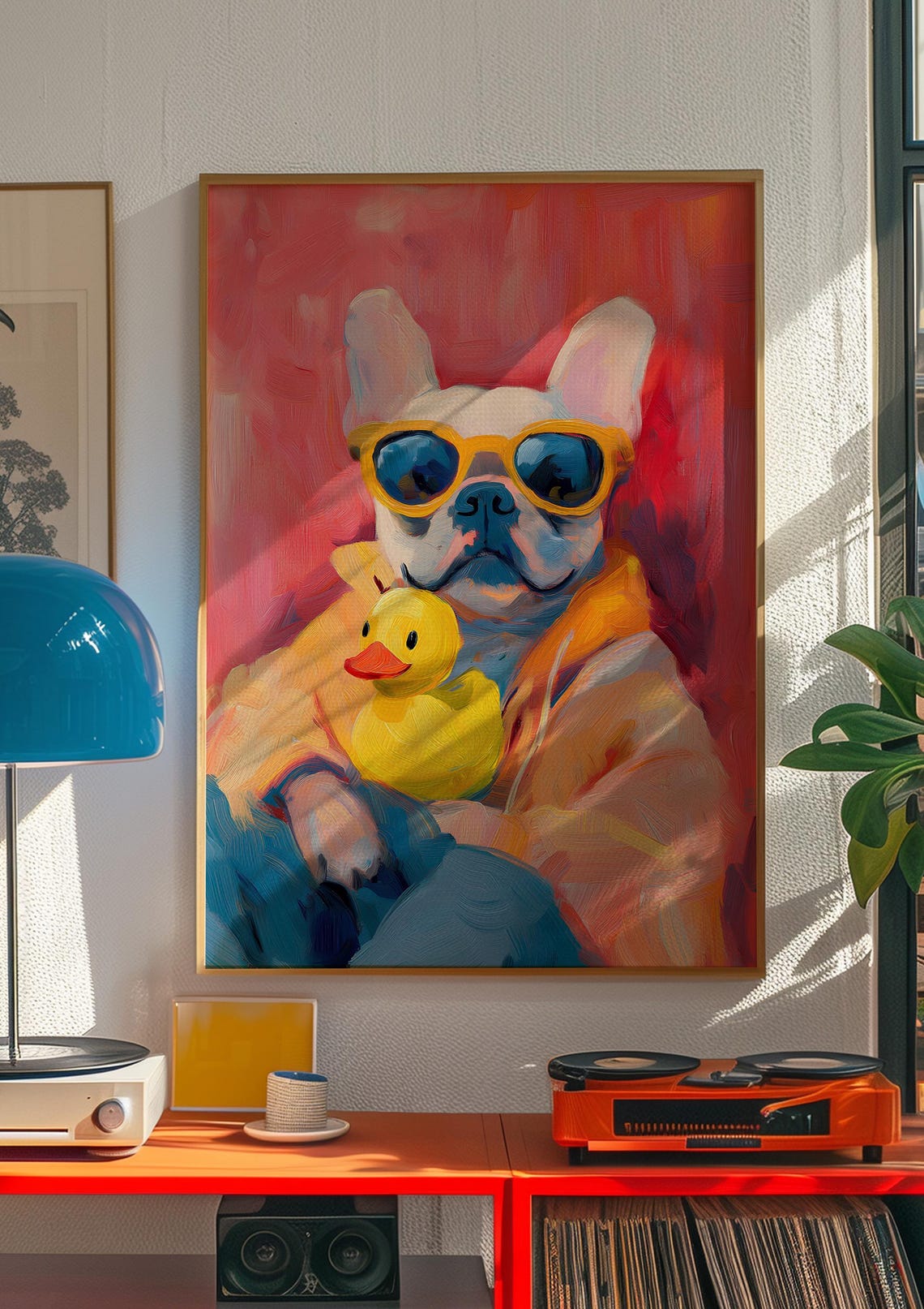 French Bulldog in Yellow Sunglasses Holding a Rubber Duck Poster - Image 2